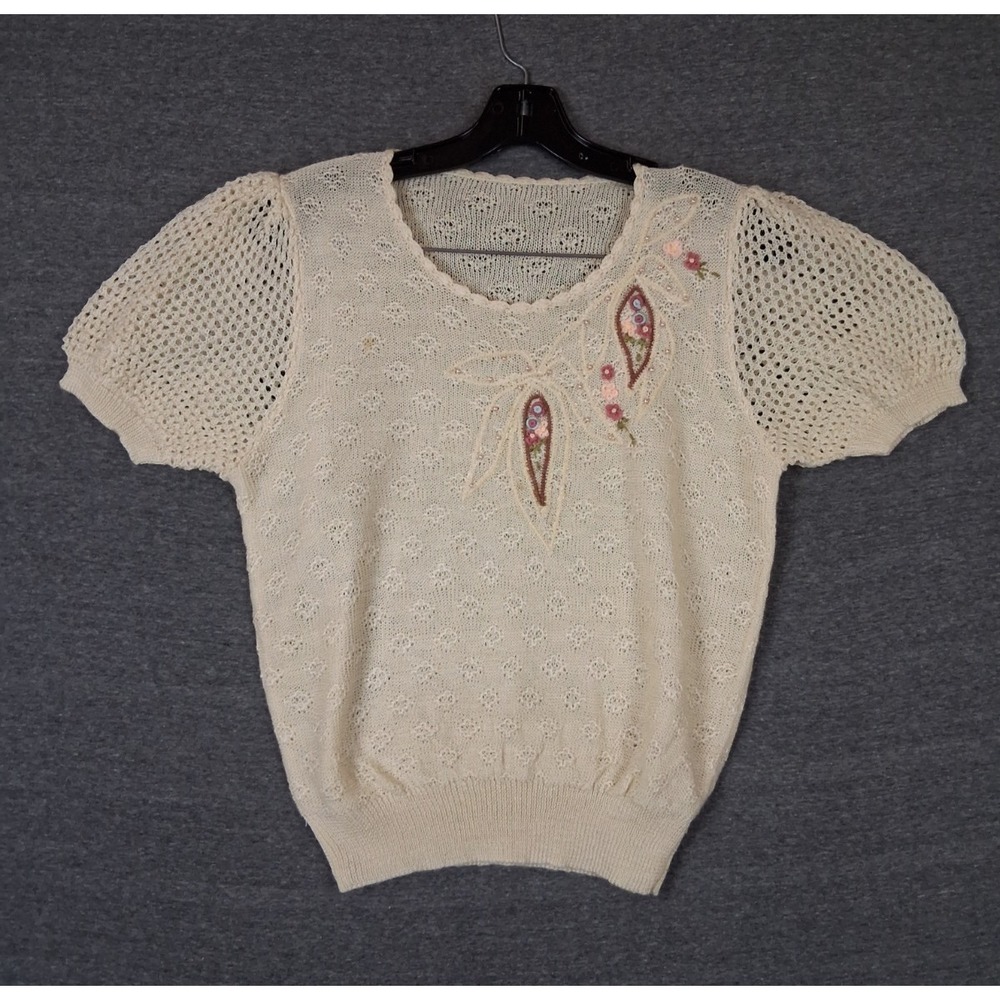VTG Womens Sweater S Tan Grandma Core Cottage Crochet Coquette Pointelle Scallop